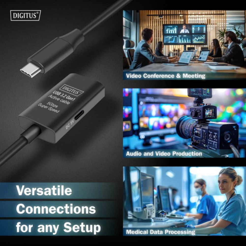 Подовжувач DIGITUS USB 3.2 Gen1 Active Cable 5G, C/M-C/F, 5м, чорний