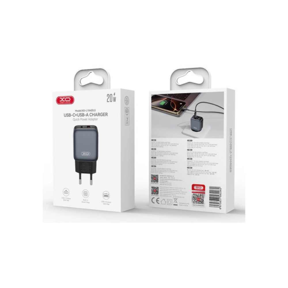 Зарядний пристрій XO L154 USB-C PD20W + USB-A QC3.0 Black (L154.black)