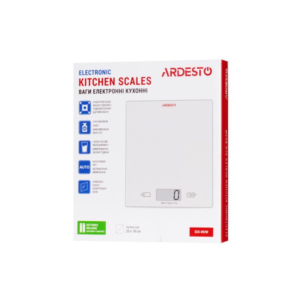 Ваги ARDESTO кухонні, 5кг, AAAx2 в комплекті, скло, білий