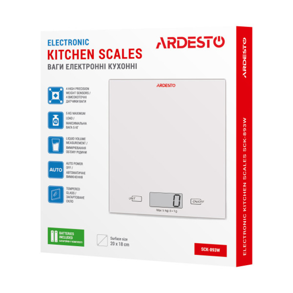 Ваги ARDESTO кухонні, 5кг, AAAx2 в комплекті, скло, білий