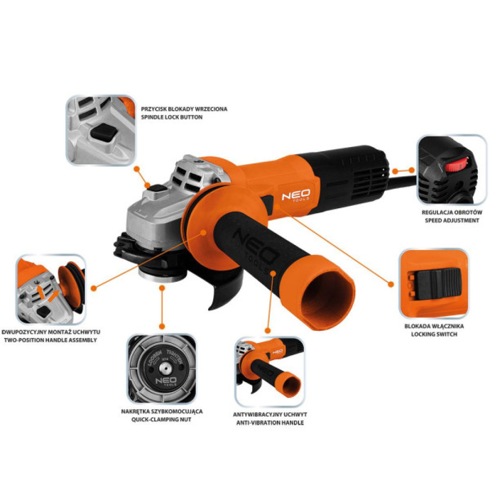 Шліфмашина кутова Neo Tools 125мм 1000Вт 12000об/хв 2.0кг