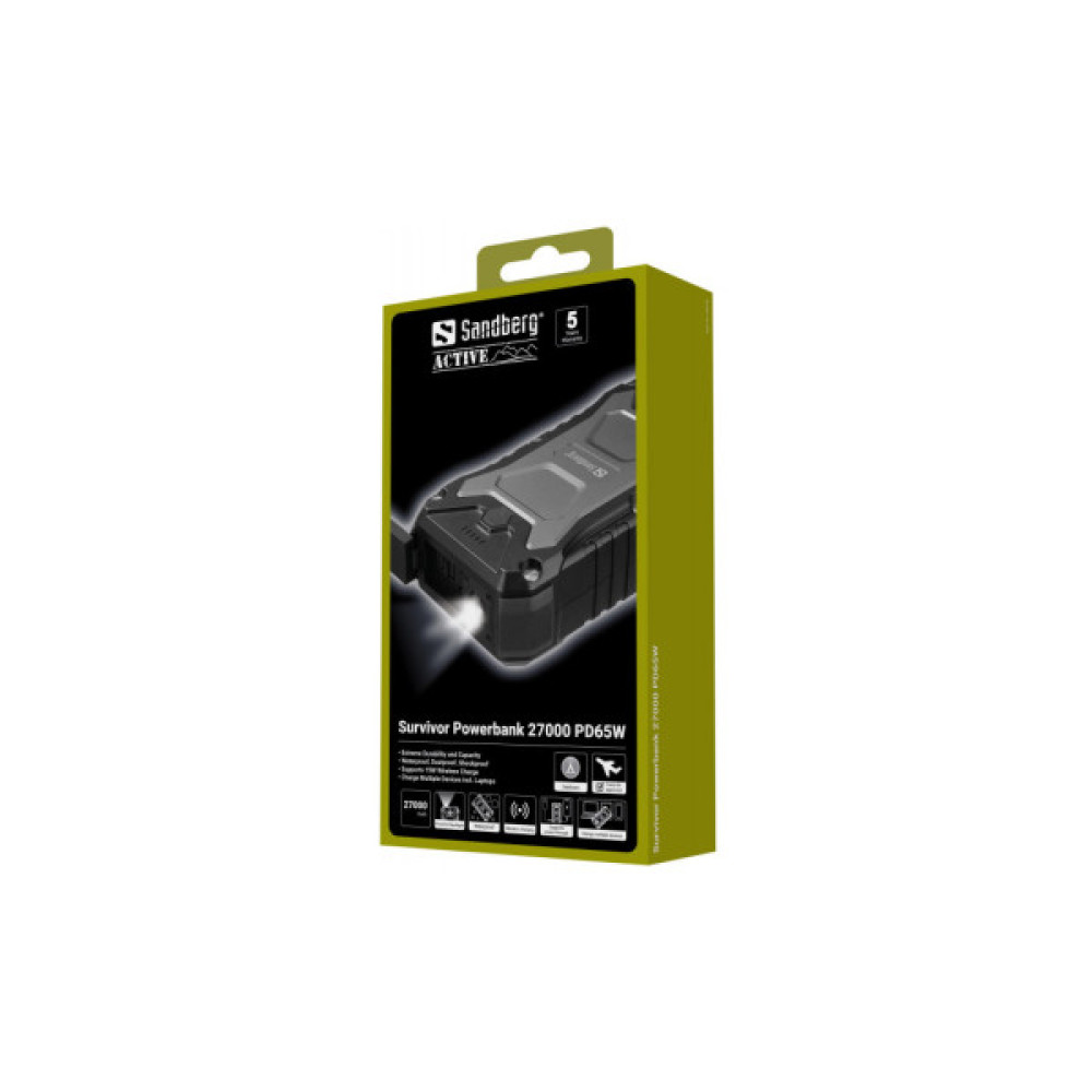 Батарея універсальна Sandberg 27000mAh Survivor PD/65W, IP66, LED Torch, QC/3.0/18W, QI-15W, Pass-Through Charging (420-99)