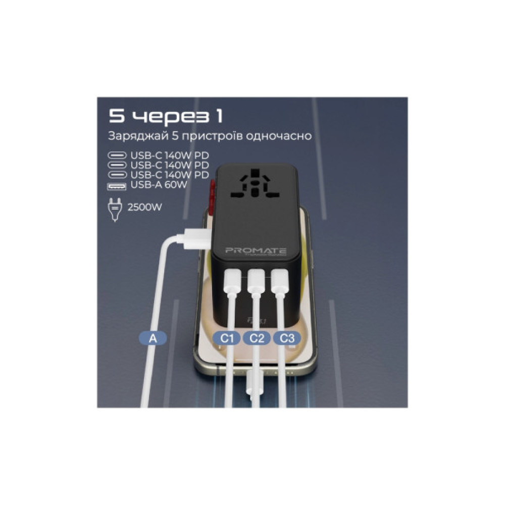 Зарядний пристрій Promate tripmate-gan160 3xUSB-C PD + USB-A QC 160W GaN Black (tripmate-gan160)