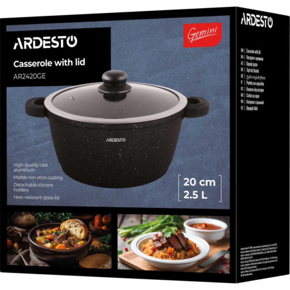 Каструля Ardesto Gemini Anzio скляна кришка 20 см 2,5 л чорна (AR2420GE)
