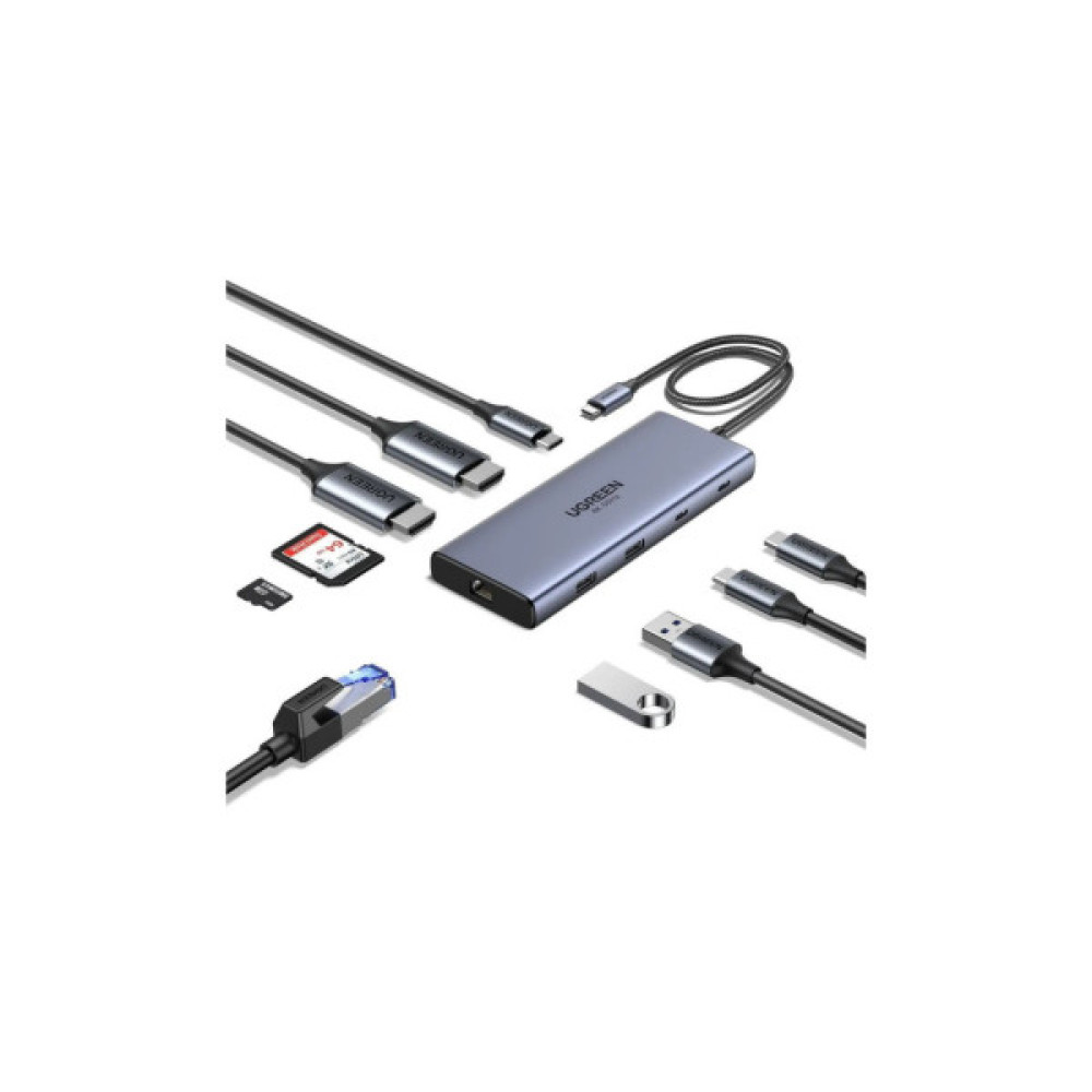 Порт-реплікатор UGREEN Dock CM639 USB3.2 Type-C --> HDMIx2, 60Hz/2xUSB-A/2xUSB-C 3.2/ RJ45/SD/TF/PD 100W (45380)