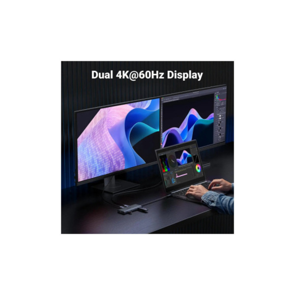 Порт-реплікатор UGREEN Dock CM639 USB3.2 Type-C --> HDMIx2, 60Hz/2xUSB-A/2xUSB-C 3.2/ RJ45/SD/TF/PD 100W (45380)