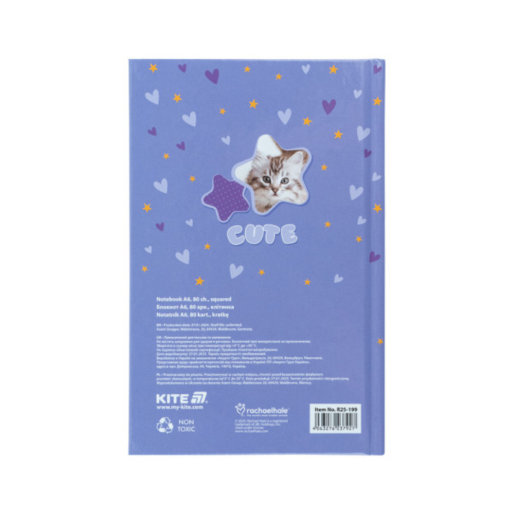 Блокнот Kite А6 Rachael Hale, тверда обкладинка, 80 аркушів, клітинка (R25-199)