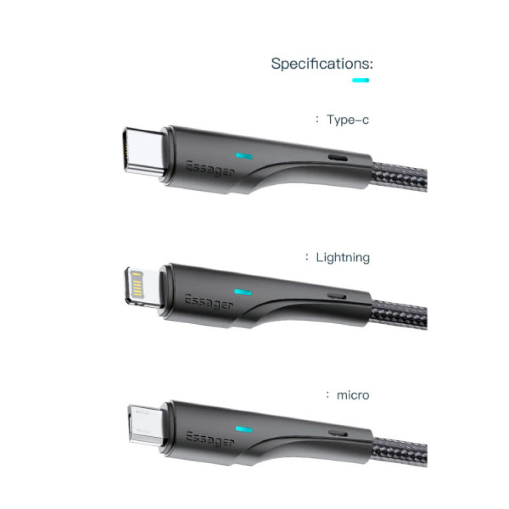 Дата кабель USB 2.0 AM to USB-C 3.0m black Essager (EXCT-LSC01)