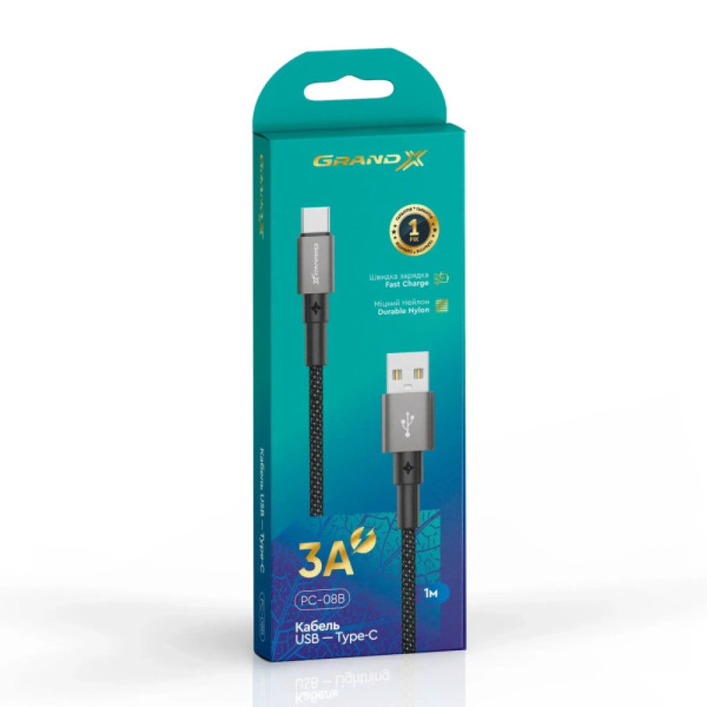 Дата кабель USB 2.0 AM to USB-C 1.0m 3A nylon black Grand-X (PC-08B)
