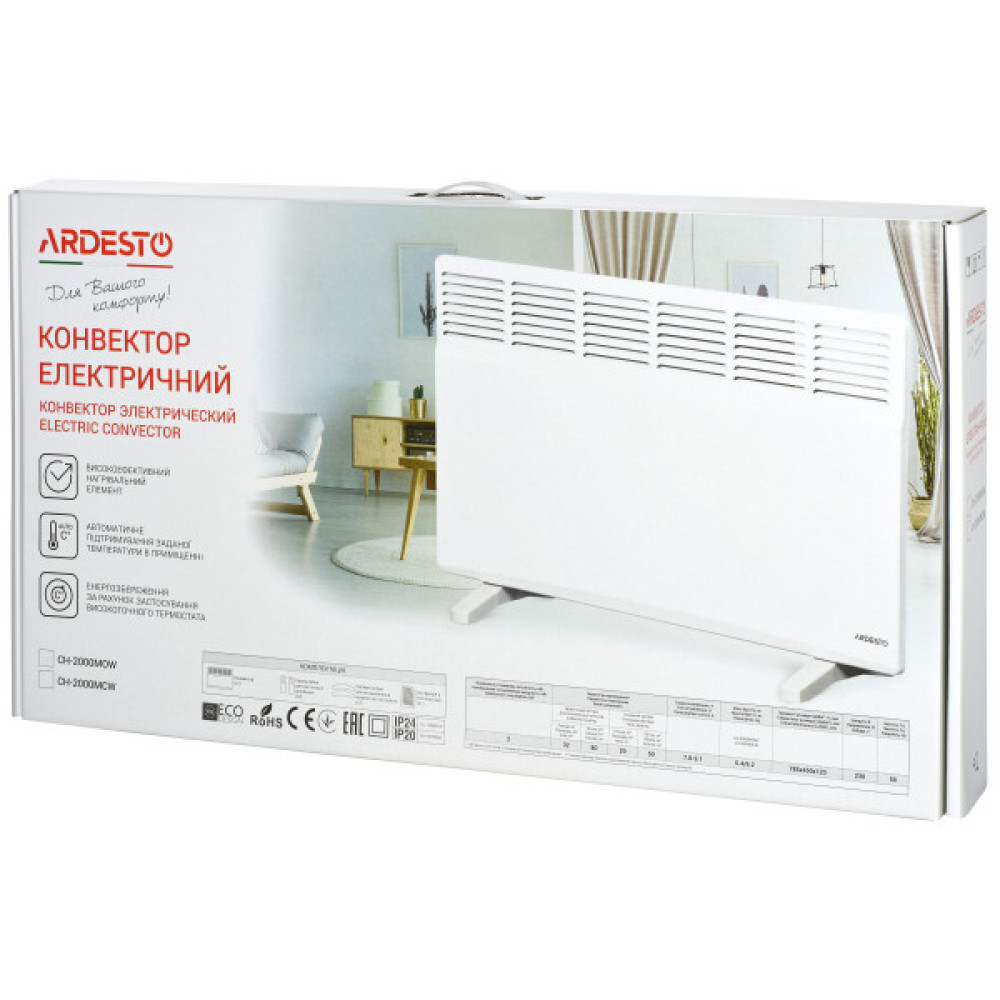 Конвектор ARDESTO CH-2000MCW 20м2, 2000Вт, мех. упр-ння, закр. нагрів. елемент, IP24, білий
