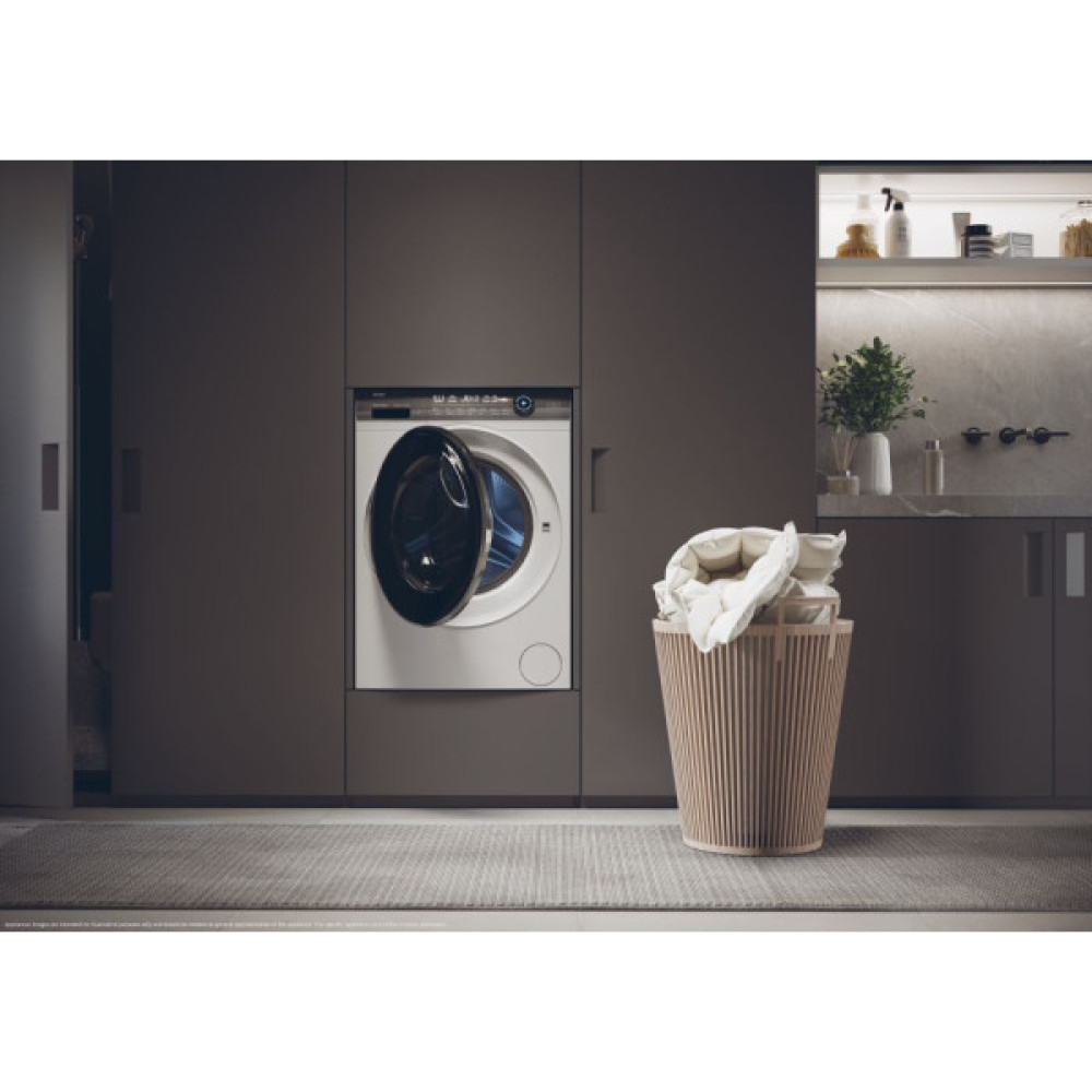 Пральна машина Haier фронтальна, 9кг, 1400, A+++, 52см, дисплей, пара, інвертор, люк чорний, прямий привід, білий