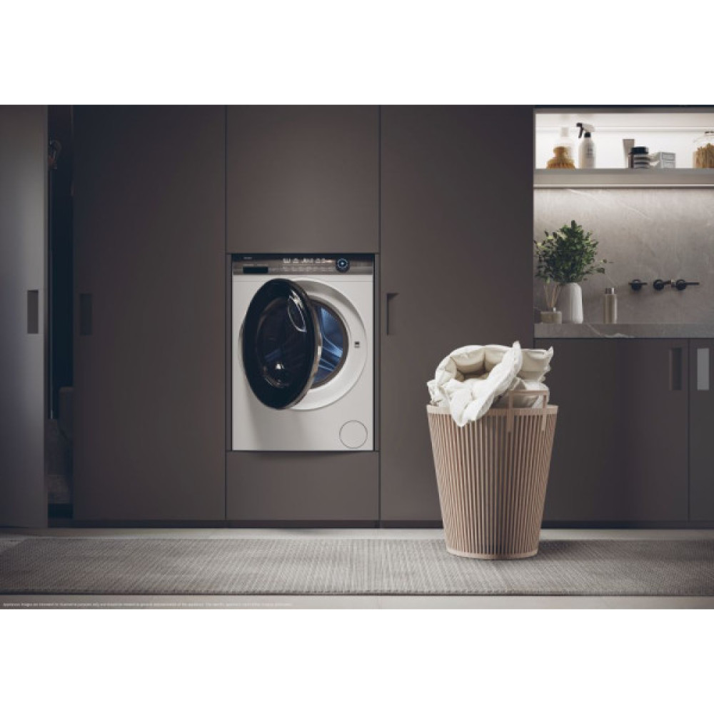 Пральна машина Haier фронтальна, 9кг, 1400, A+++, 52см, дисплей, пара, інвертор, люк чорний, прямий привід, білий