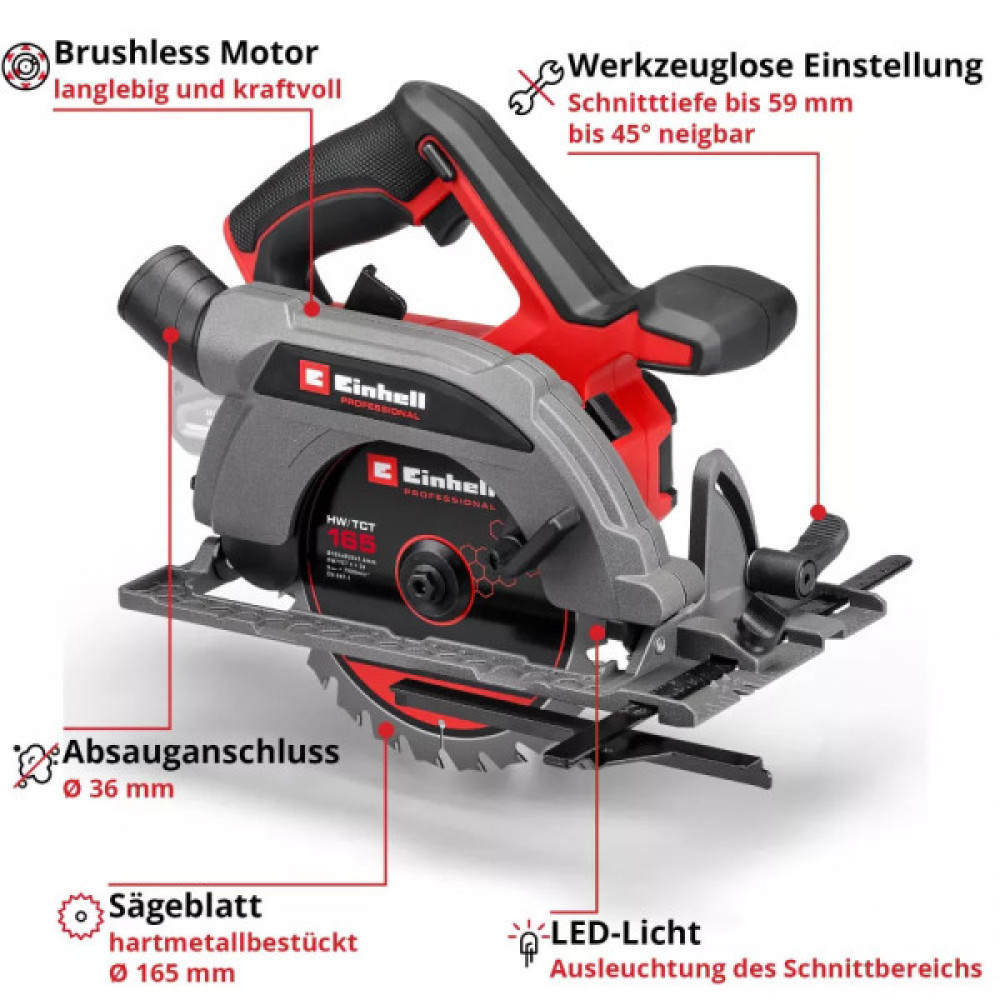 Пила дискова акумуляторна Einhell TP-CS 18/165 Li BL-Solo 18В 5000об/хв 165х20мм 2.95кг без АКБ та ЗП