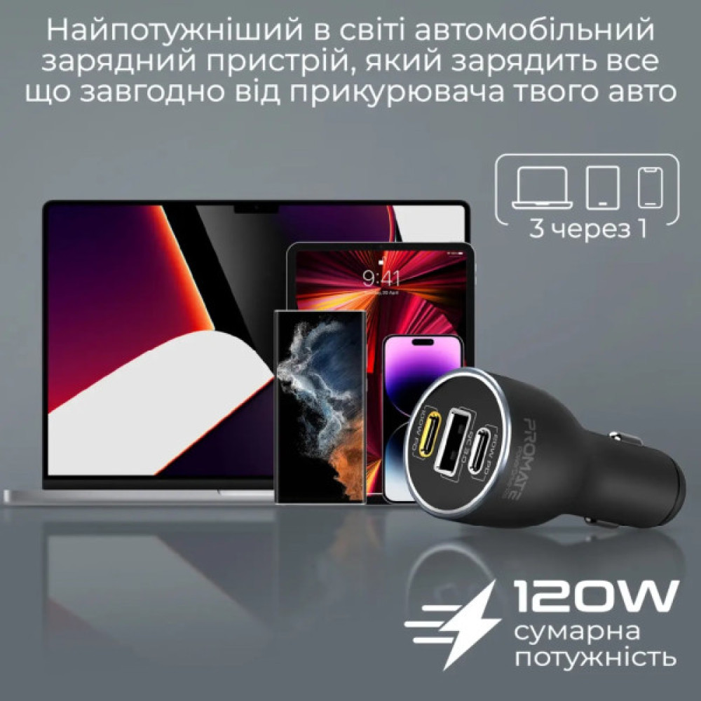 Зарядний пристрій Promate 2xUSB-C + USB-A (powerdrive-120.black)