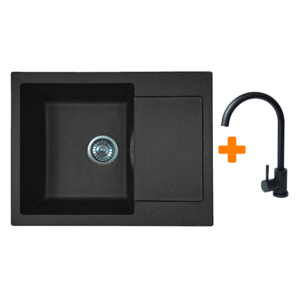 Набір кухонний Adamant Minimal, штучний камінь, прямокут., з крилом, 615х495х200мм, чаша - 1, врізна, чорний + змішувач