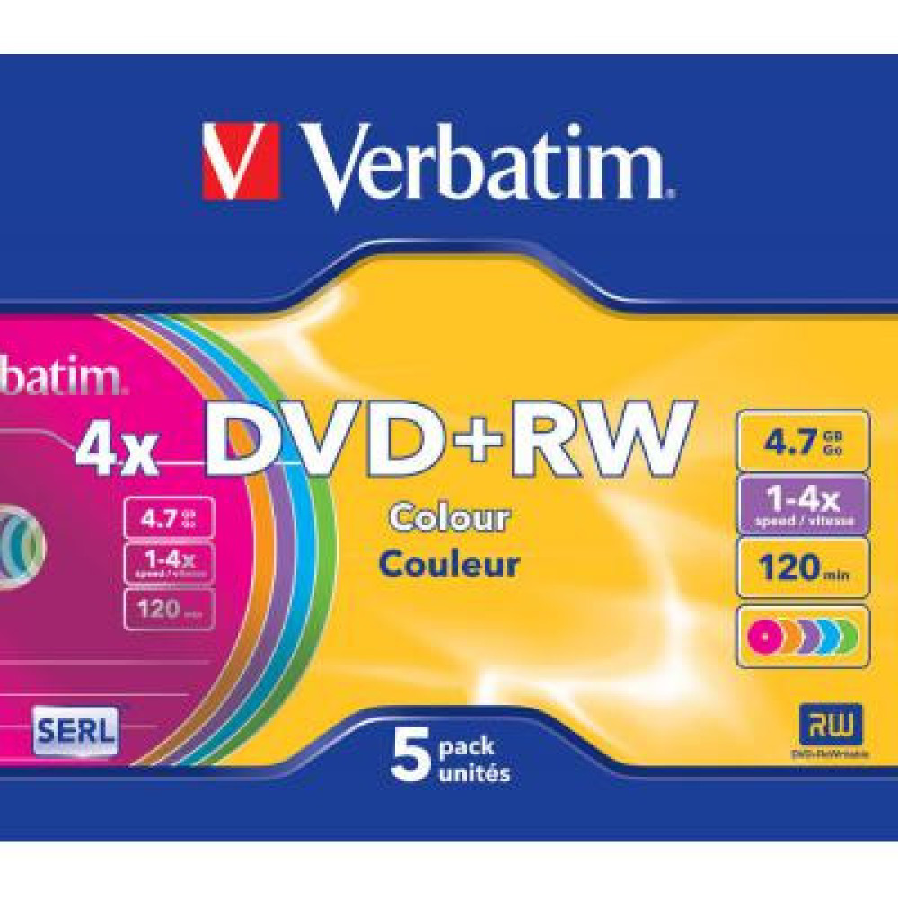 Диск DVD Verbatim 4.7Gb 4x SlimCase 5шт Color (43297)