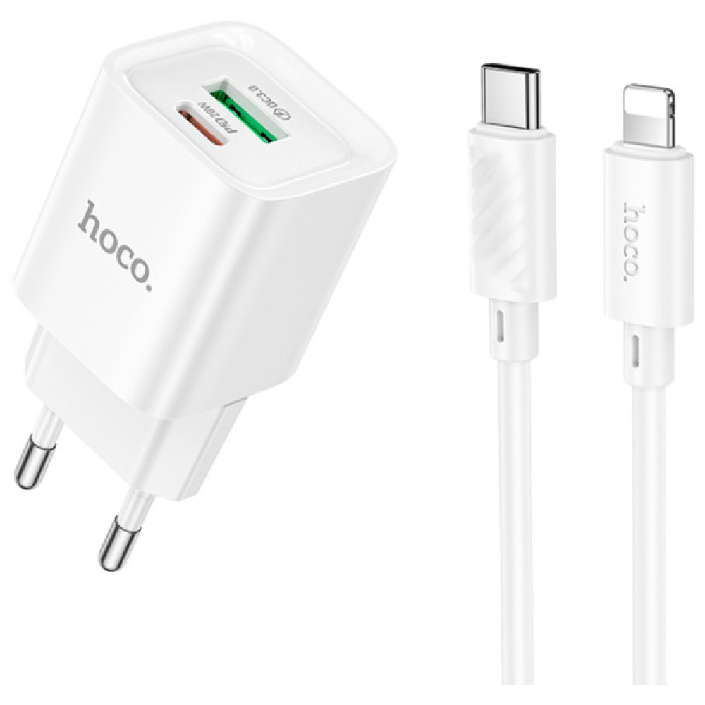 Зарядний пристрій HOCO C147A Charm 1xUSB-C PD20W + 1xUSB QC3.0 + cable USB-C to Lightning White (6942007630283)