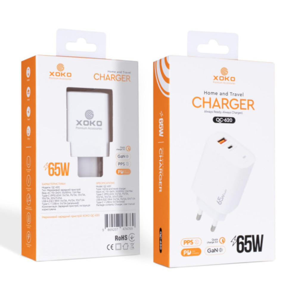 Зарядний пристрій XoKo 1xUSB-C PD65W + 1xUSB QC3.0 GaN white (XK-QC-620)
