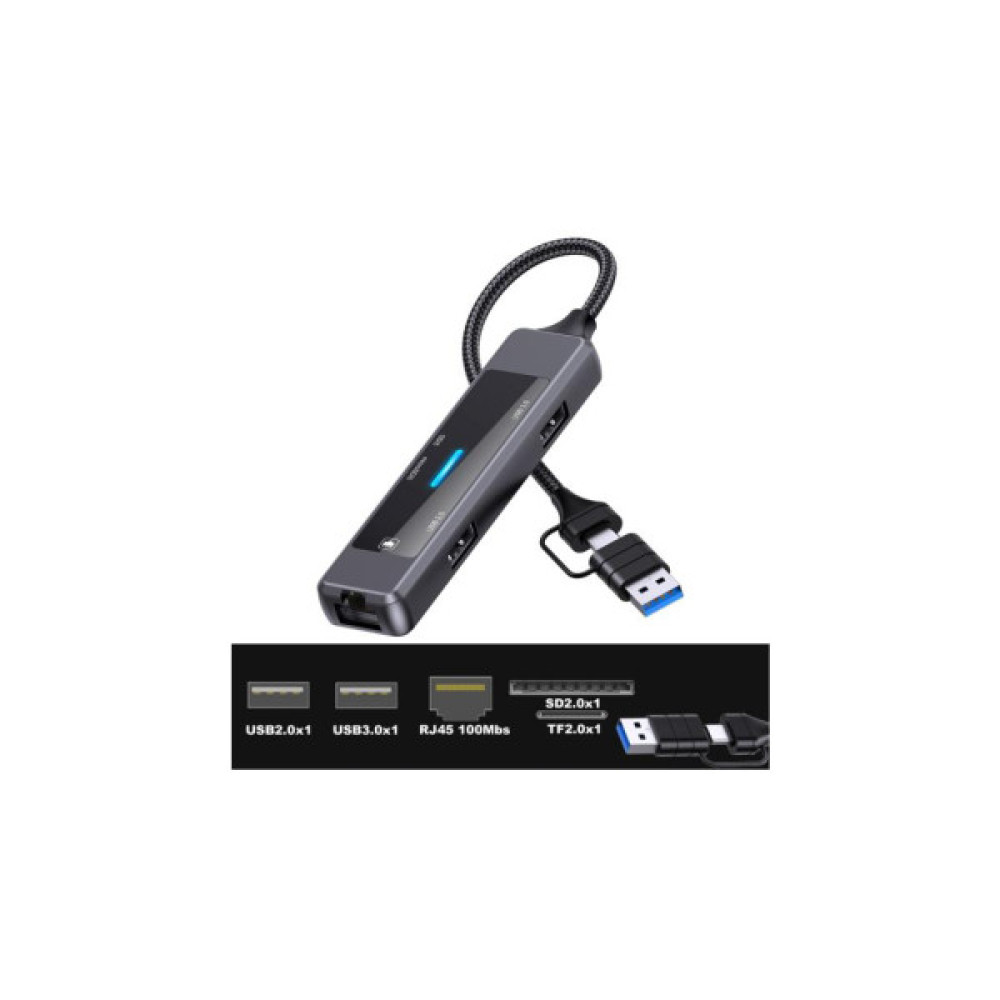 Концентратор XoKo USB-C 5-in-1 USB 3.0 + USB 2.0 + SD/TF + RJ45 100Mbps silver (XK-AC-350)