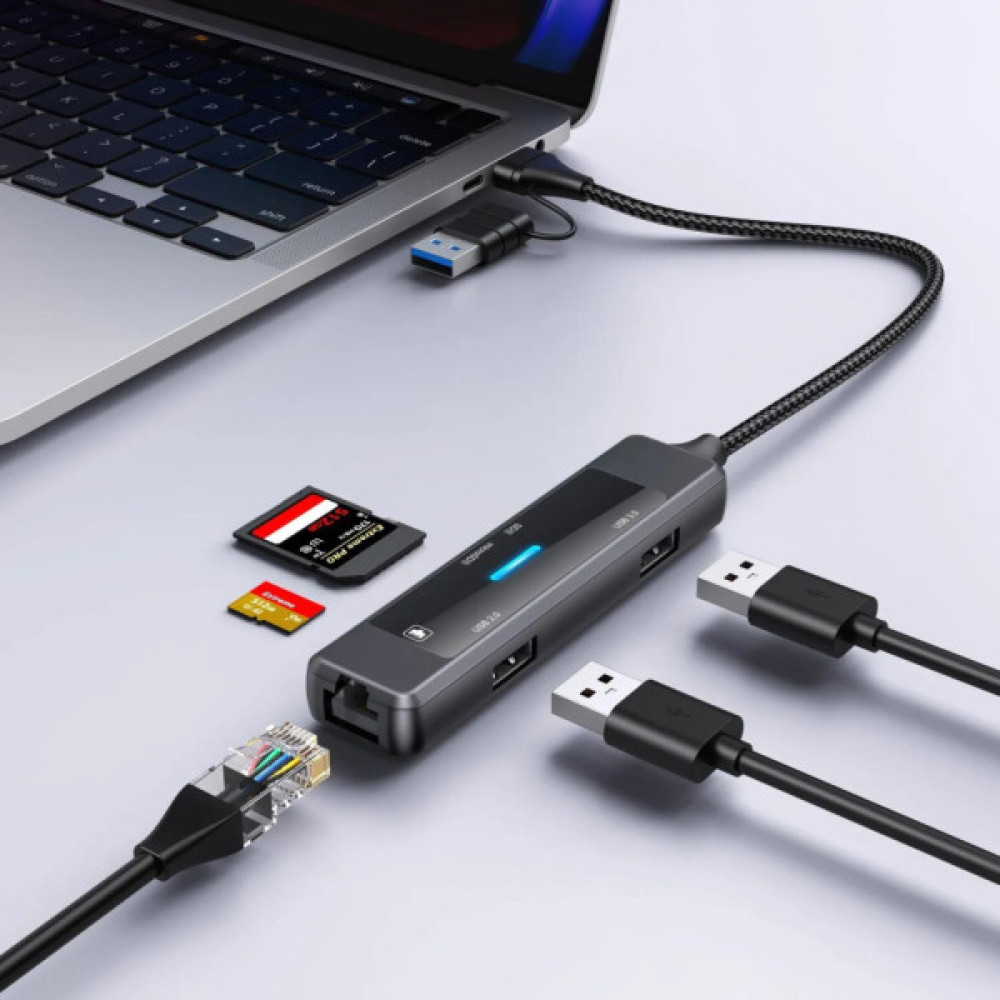 Концентратор XoKo USB-C 5-in-1 USB 3.0 + USB 2.0 + SD/TF + RJ45 100Mbps silver (XK-AC-350)