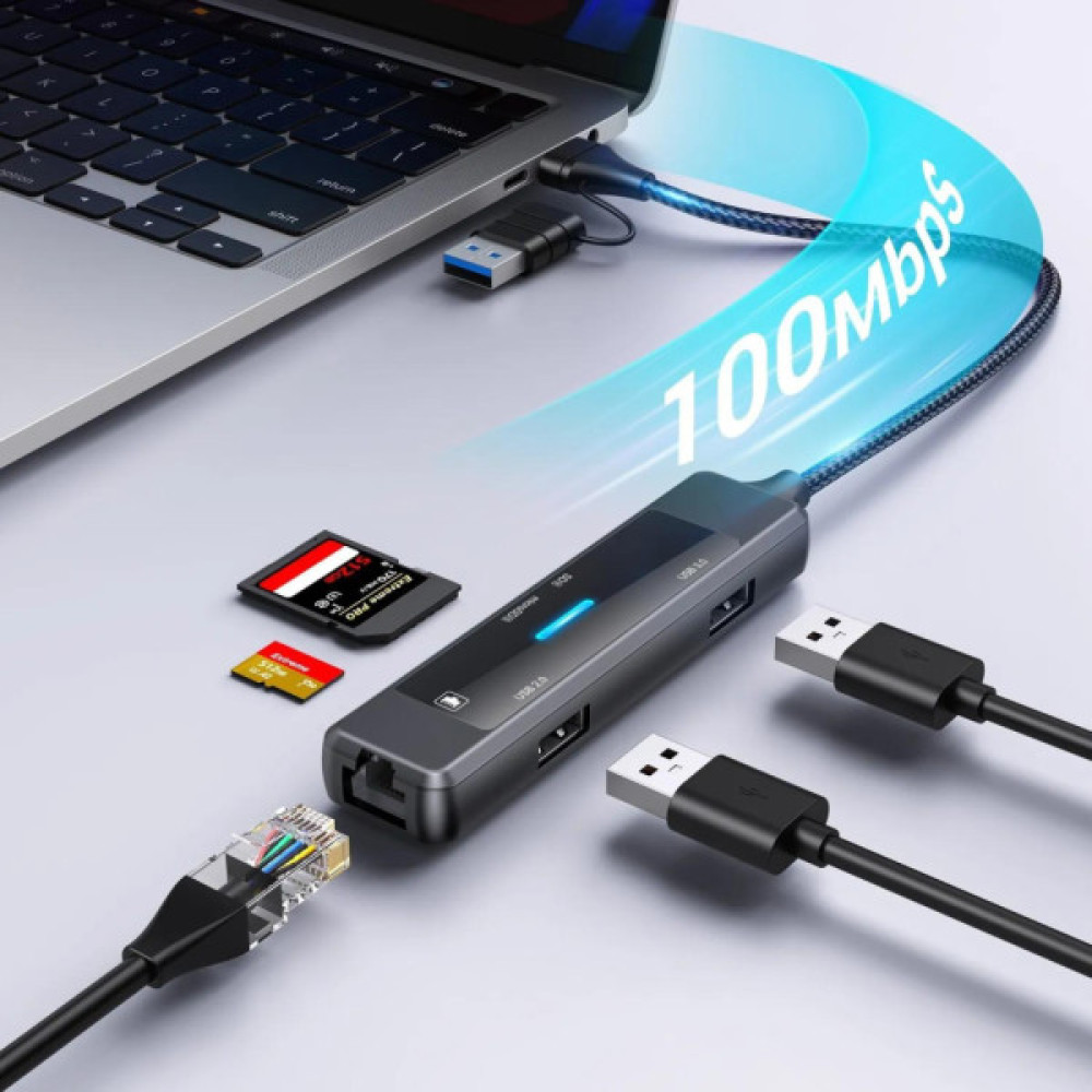 Концентратор XoKo USB-C 5-in-1 USB 3.0 + USB 2.0 + SD/TF + RJ45 100Mbps silver (XK-AC-350)