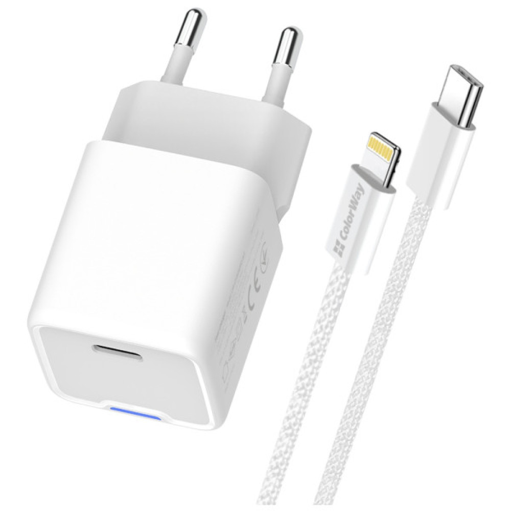 Зарядний пристрій ColorWay C101D GaN Mini 20W PD PPS USB-C + cable USB-C to Lightning white (CW-CHS059PDL-WT)