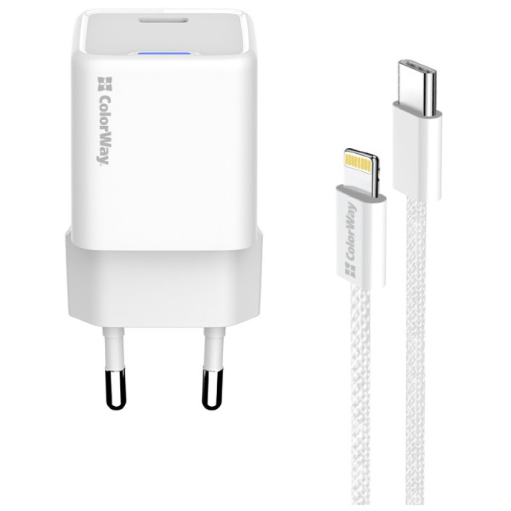 Зарядний пристрій ColorWay C101D GaN Mini 20W PD PPS USB-C + cable USB-C to Lightning white (CW-CHS059PDL-WT)