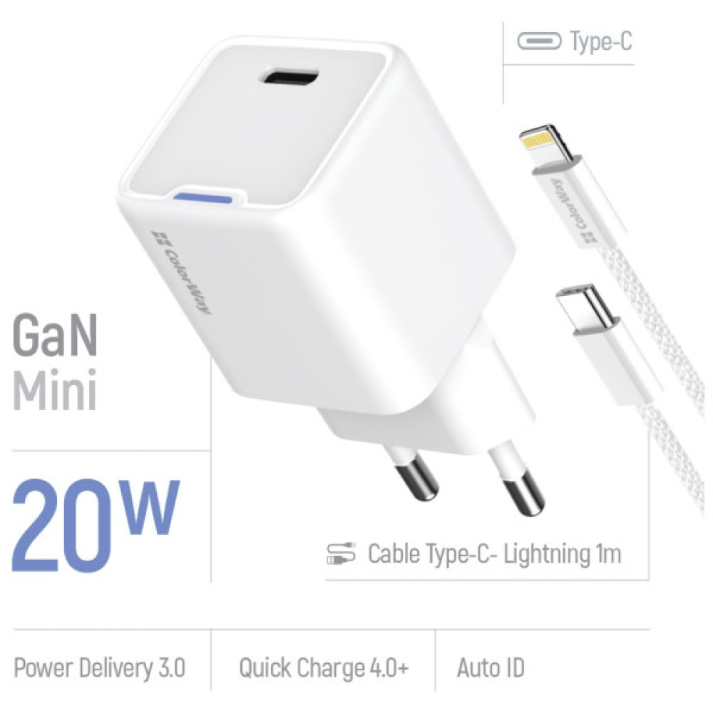 Зарядний пристрій ColorWay C101D GaN Mini 20W PD PPS USB-C + cable USB-C to Lightning white (CW-CHS059PDL-WT)