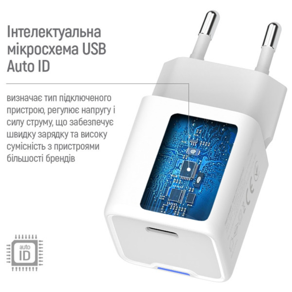 Зарядний пристрій ColorWay C101D GaN Mini 20W PD PPS USB-C + cable USB-C to Lightning white (CW-CHS059PDL-WT)