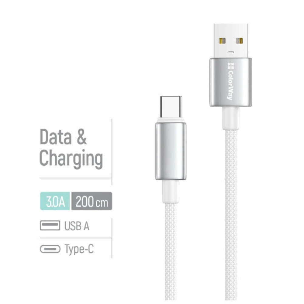 Дата кабель USB 2.0 AM to USB-C 2.0m 3A zinc alloy braided white ColorWay (CW-CBUC099-WT)