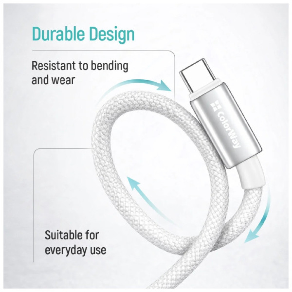 Дата кабель USB 2.0 AM to USB-C 2.0m 3A zinc alloy braided white ColorWay (CW-CBUC099-WT)