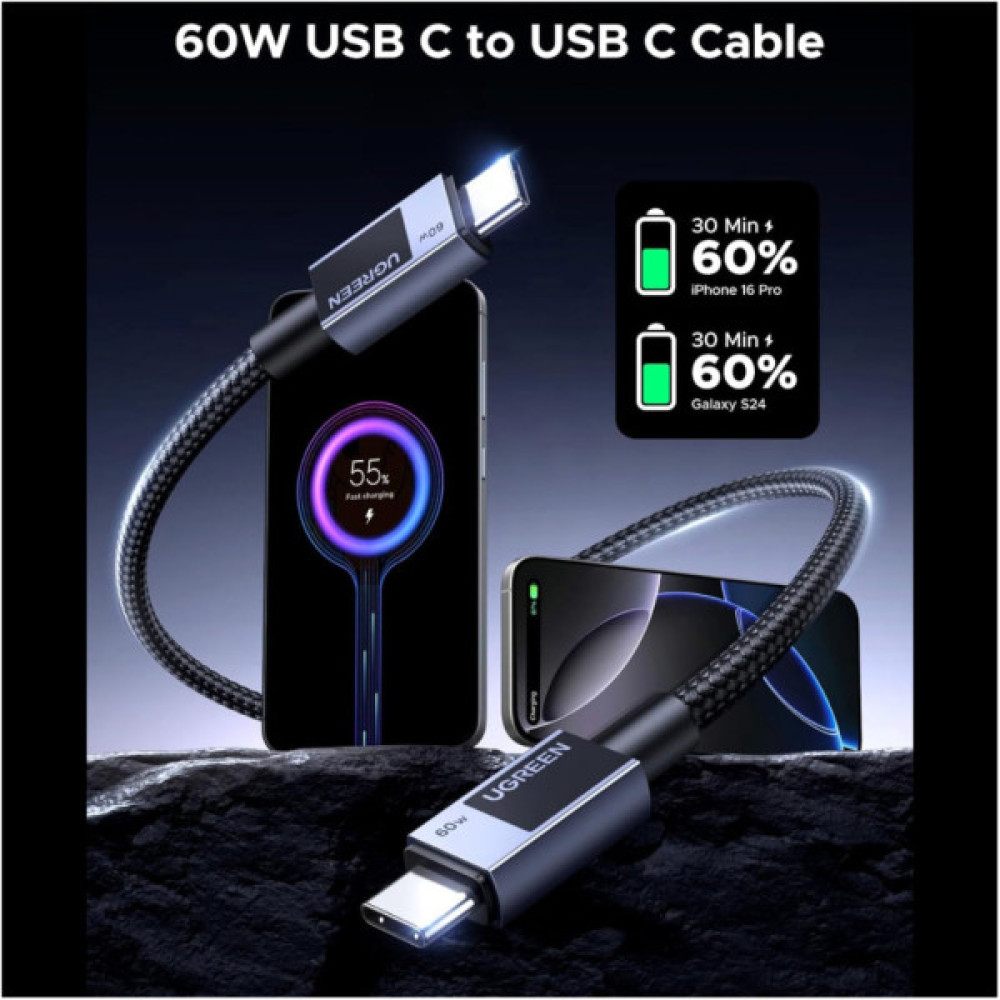 Дата кабель USB-C to USB-C 2.0m PD60W 3A braided L524 gray Ugreen (55775)