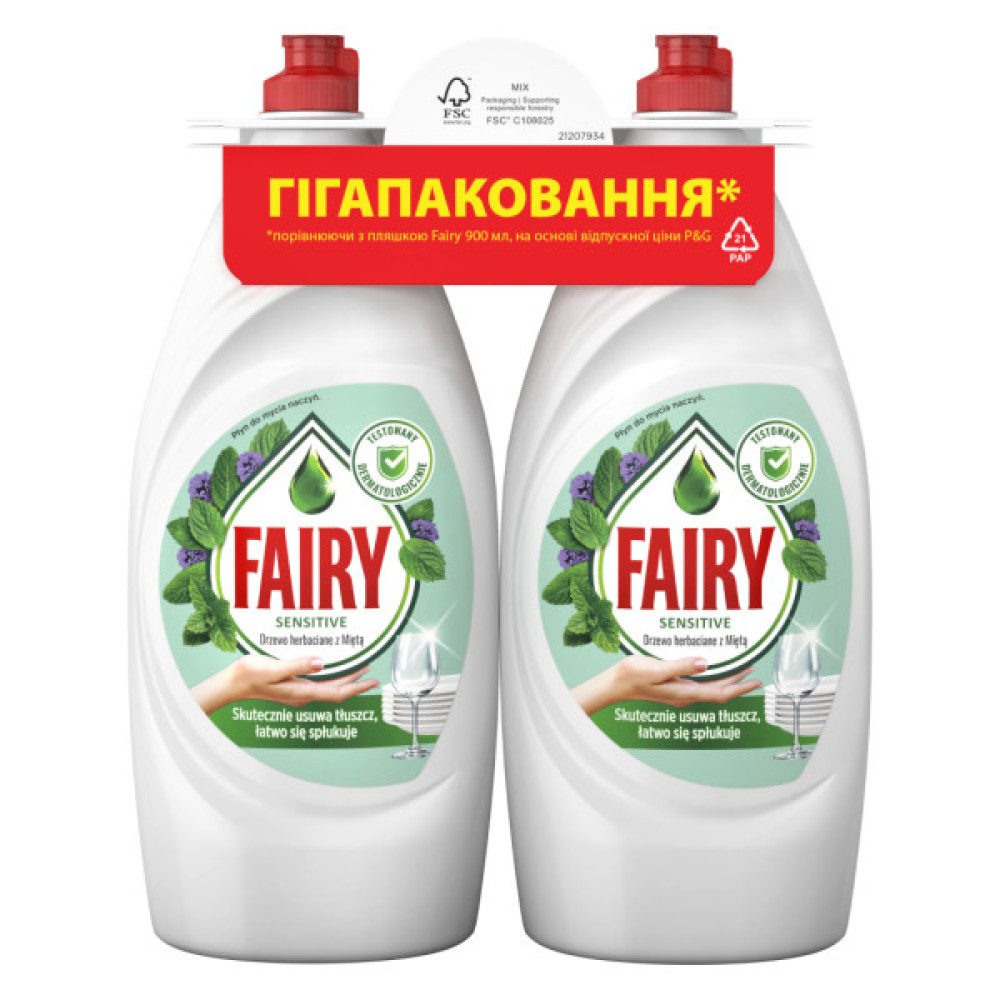 Засіб для ручного миття посуду Fairy Ніжні руки Чайне дерево і М'ята 2 х 900 мл (8700216759649)