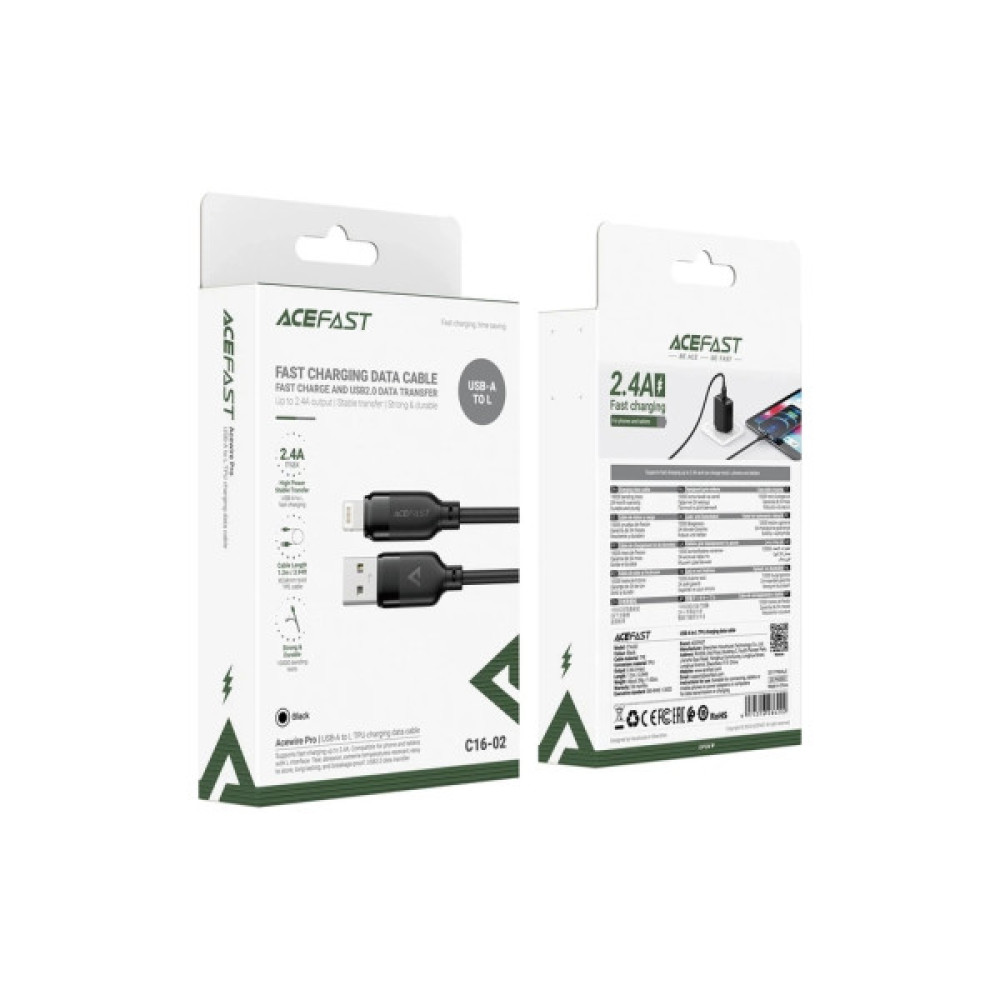 Дата кабель USB 2.0 AM to Lightning 1.2m 2.4A TPE black Acefast (6974316286202)