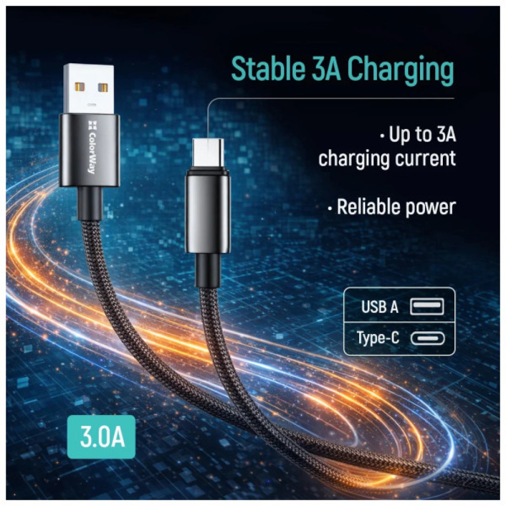 Дата кабель USB 2.0 AM to USB-C 1.0m 3A zinc alloy braided black ColorWay (CW-CBUC098-BK)