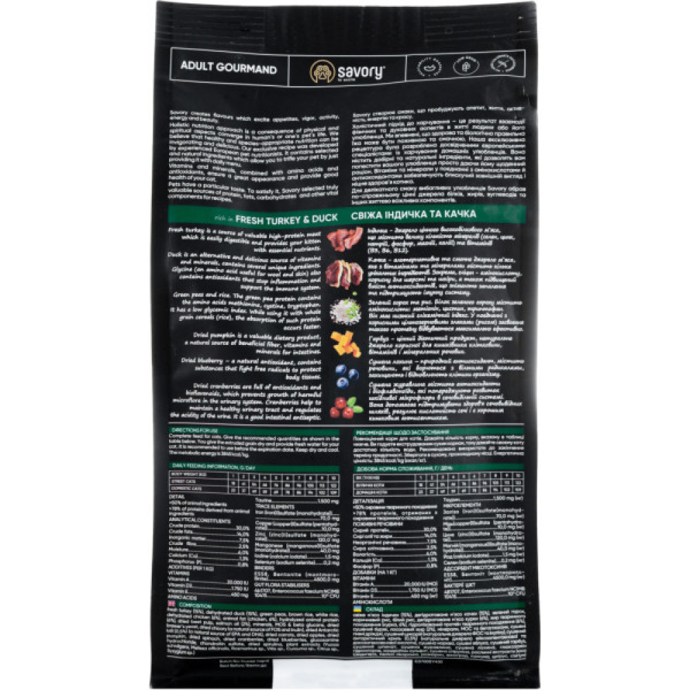 Сухий корм для кішок Savory Adult Cat Gourmand Fresh Turkey and Duck 400 г (4820232630044)