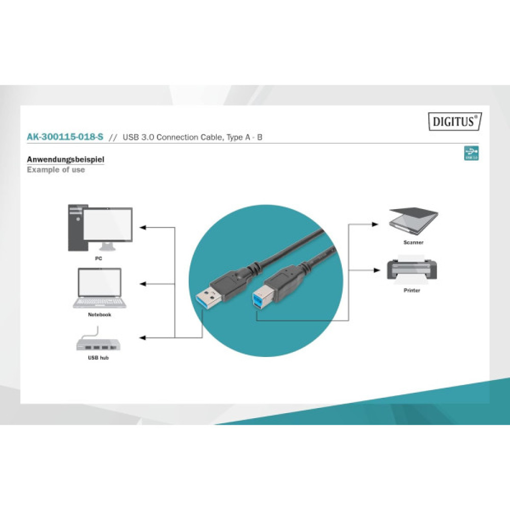 Кабель DIGITUS USB 3.0 (AM/BM) 1.8м, чорний