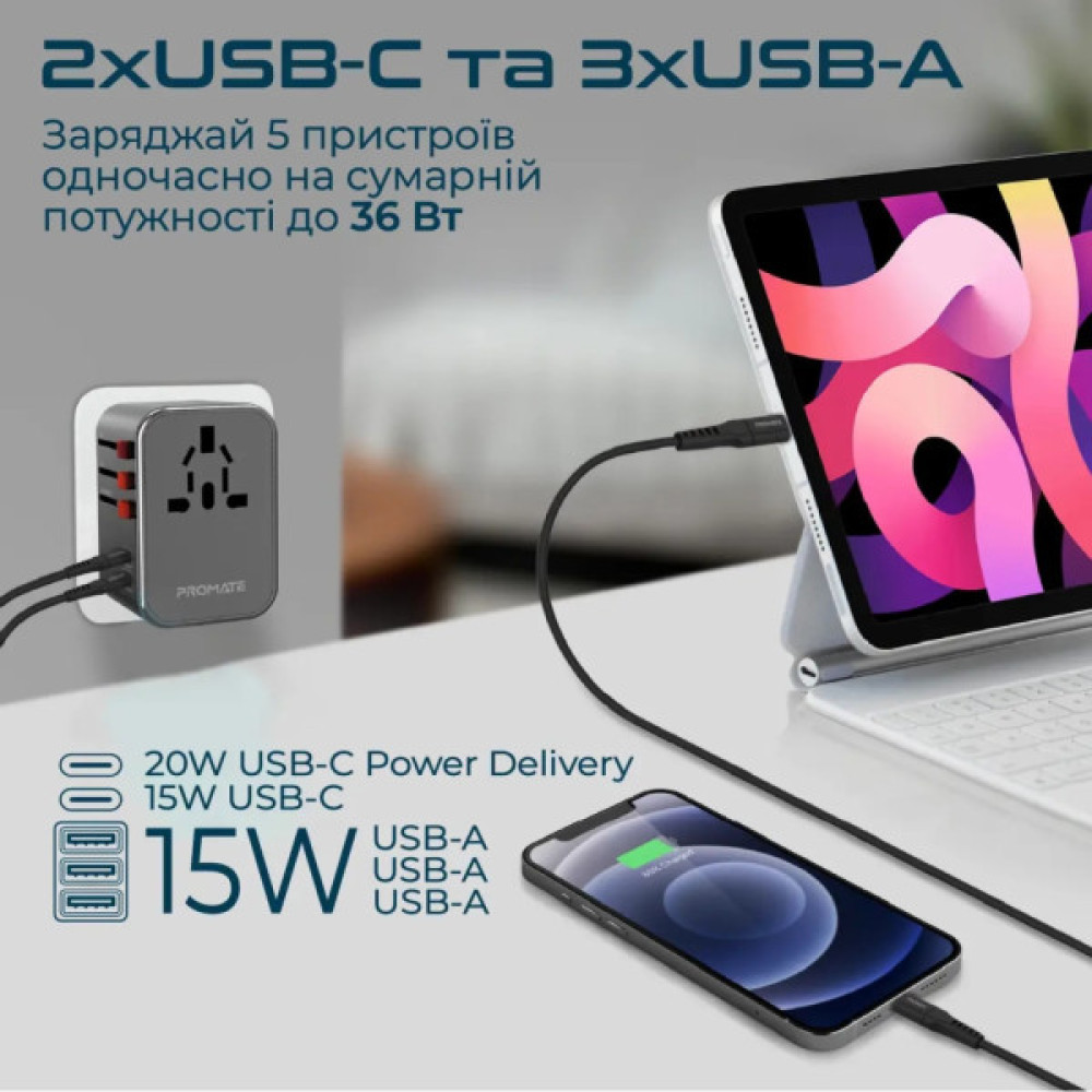 Зарядний пристрій Promate tripmate-36w.black