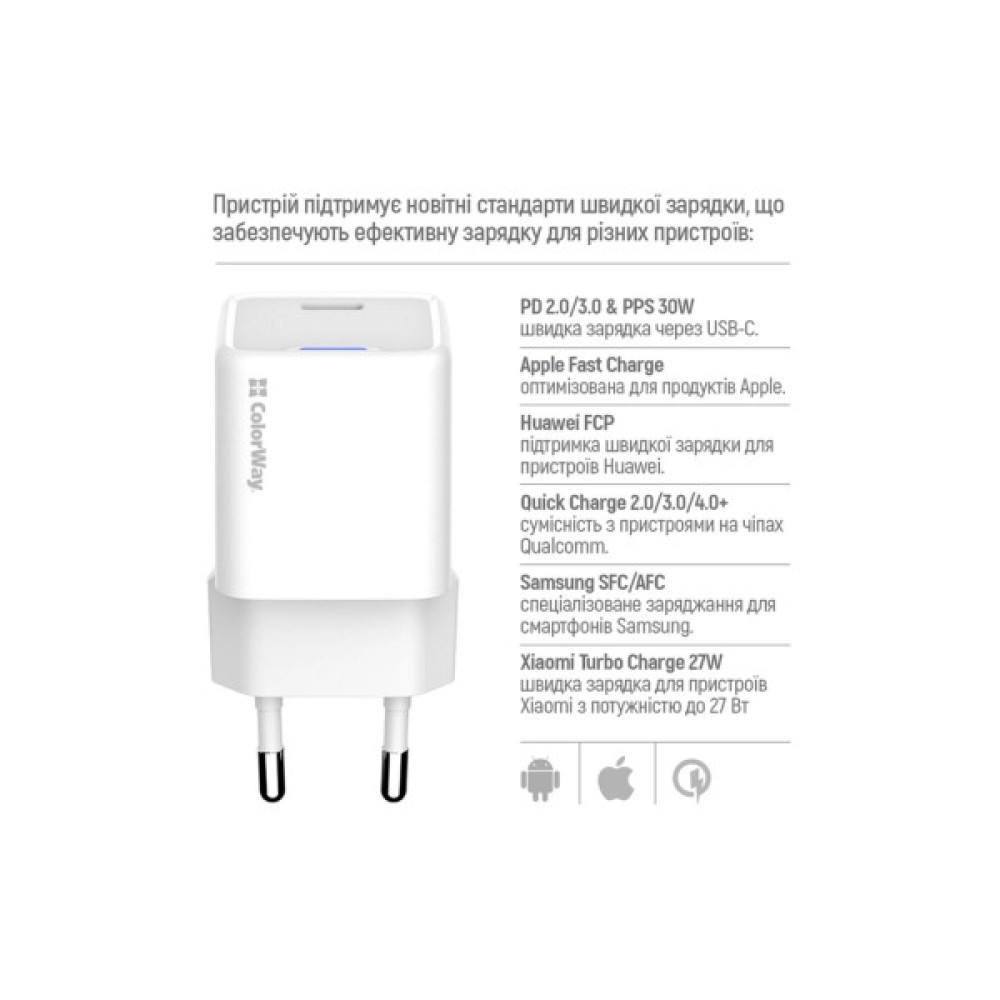 Зарядний пристрій ColorWay GaN Mini 30W PD Port PPS USB-C white (CW-CHS054PD-WT)