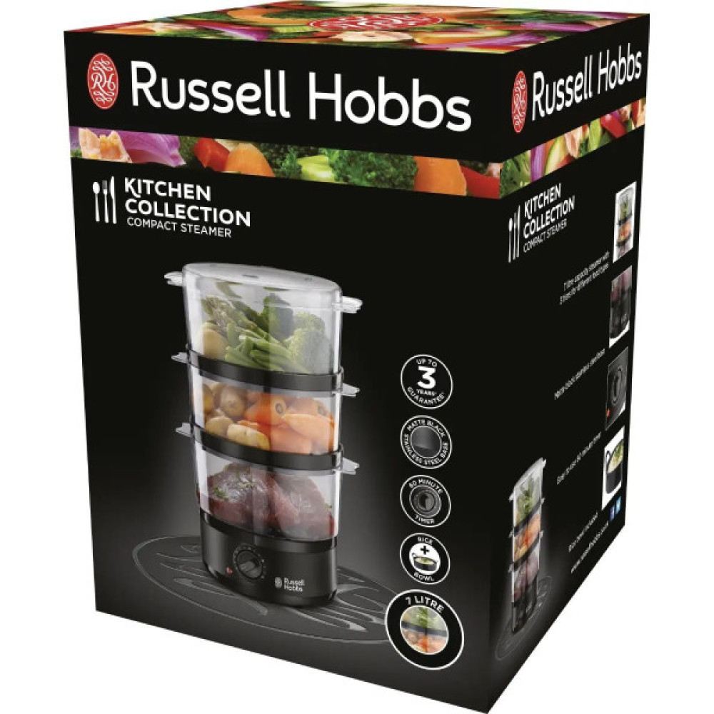 Пароварка Russell Hobbs Kitchen Collection 400Вт, чаша-2.3/3.3л, резервуар для води -0.5л, механічне керування, 3 яруси, пластик, чорний