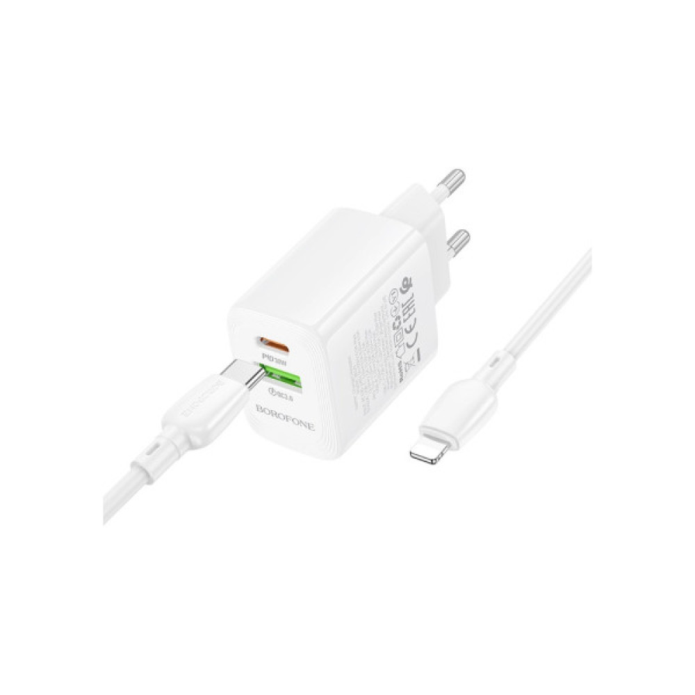 Зарядний пристрій BOROFONE BN29 Fuente 1xUSB-C PD30W + 1xUSB QC3.0 + cable USB-C to Lightning White (6941991120336)