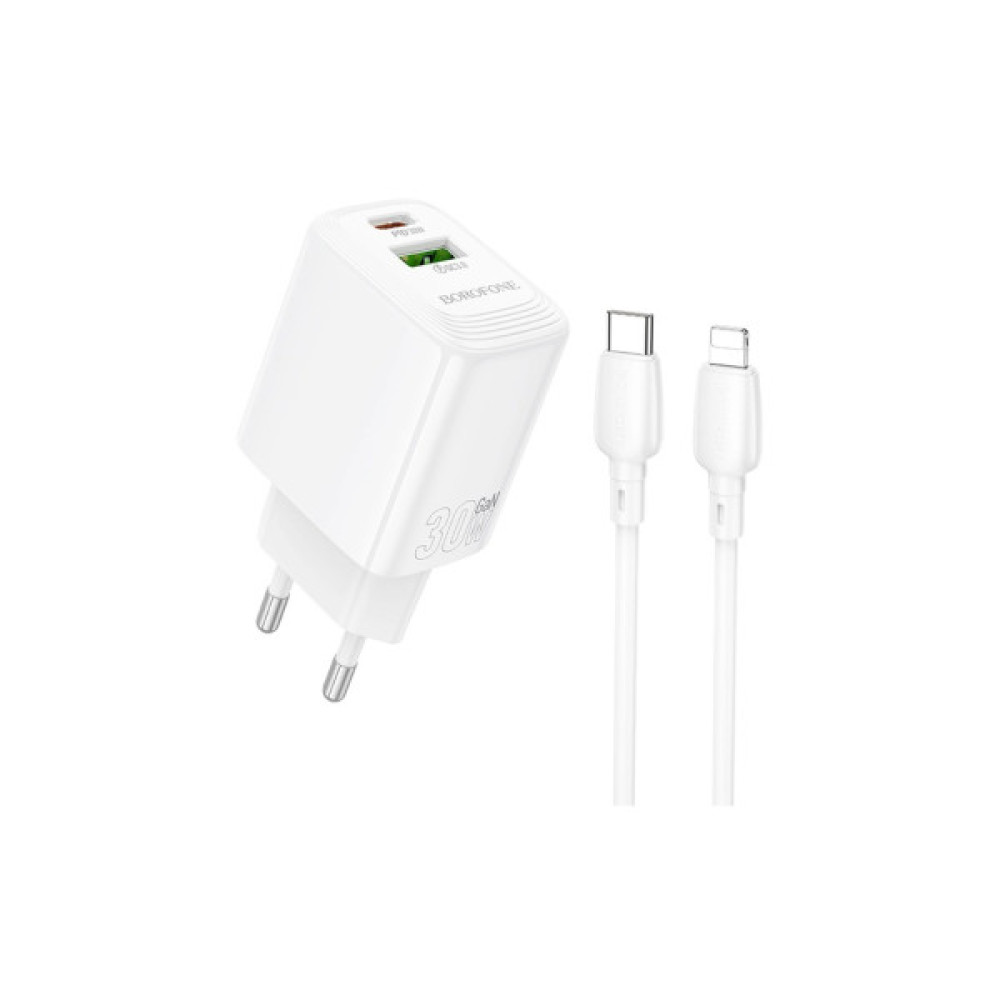 Зарядний пристрій BOROFONE BN29 Fuente 1xUSB-C PD30W + 1xUSB QC3.0 + cable USB-C to Lightning White (6941991120336)