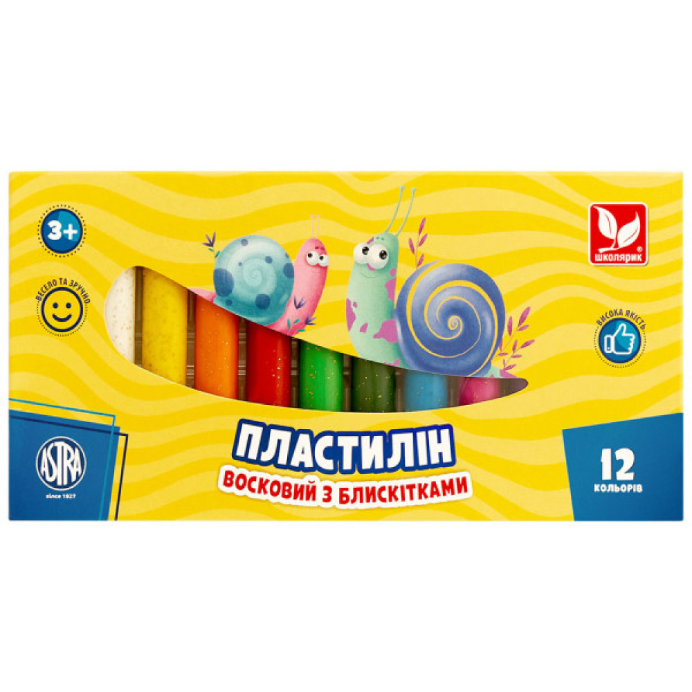 Пластилін Школярик Восковий Круглий з блискітками 12 кольорів 156 г (303107001-UA)