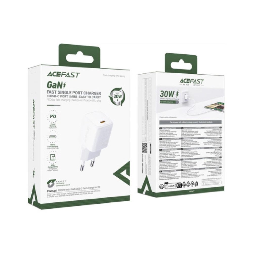 Зарядний пристрій Acefast A118 USB-C PD30W GaN white (6974316285366)