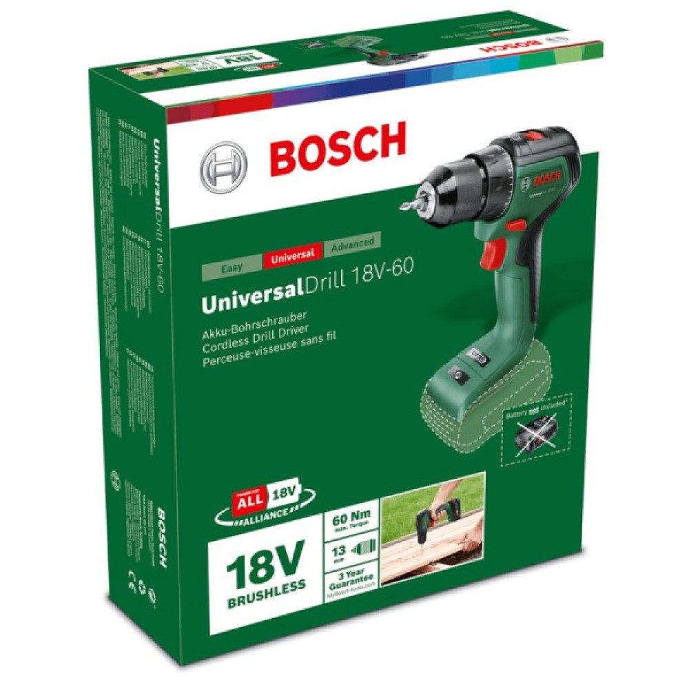 Шурупокрут-дриль акумуляторний Bosch UniversalDrill 18V-60 18В 60Нм 0-500·0-1900об·хв без АКБ та ЗП 1.3кг