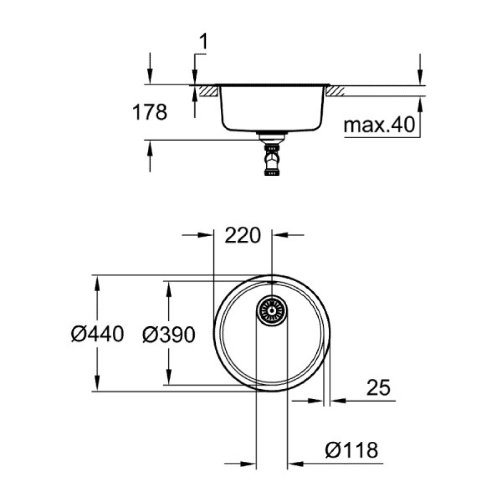 Мийка кухонна Grohe K200, нерж.сталь, кругла, без крила, 440x440x178мм, чаша - 1, врізна, нержавіюча сталь