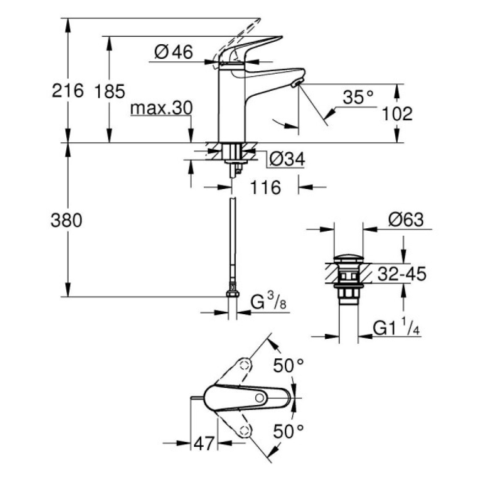 Змішувач для раковини Grohe Swift М  довж. виливу - 102мм, неповоротний, 1 важіль, хром