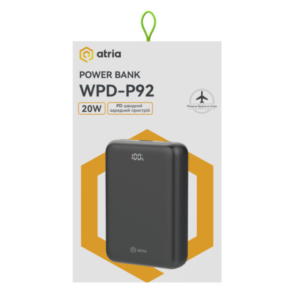 Батарея універсальна Atria 20000mAh, PD/22.5W, QC/3.0 (WPD-P92)