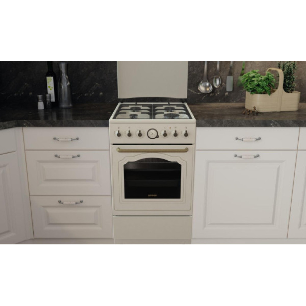 Плита Gorenje комбінована, 70л, 50x60см, дисплей, газ-контроль, чавун, слонової кістки