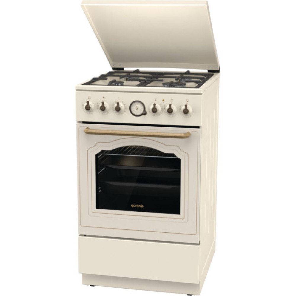 Плита Gorenje комбінована, 70л, 50x60см, дисплей, газ-контроль, чавун, слонової кістки